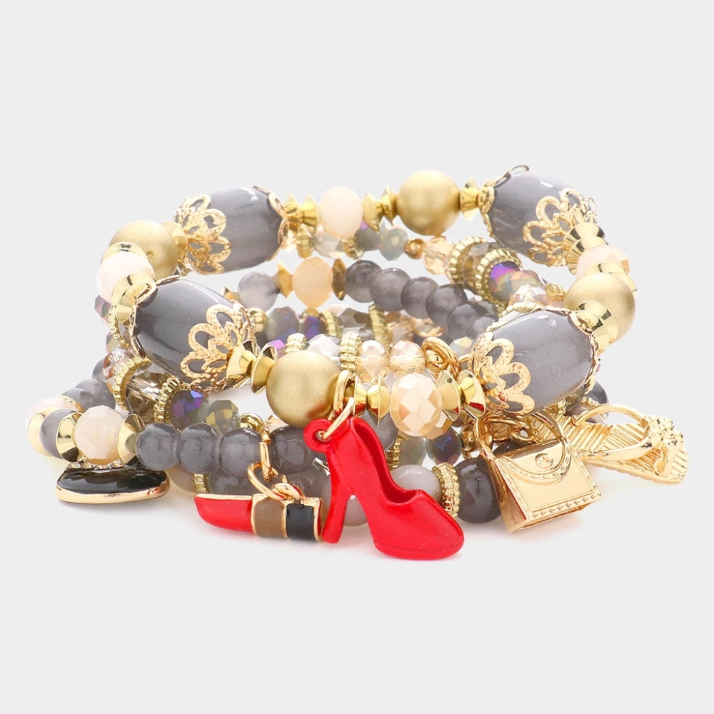 Gray Beaded 5 PC Stiletto Lipstick Charm Stack Stretch Layered Bracelets Strand
